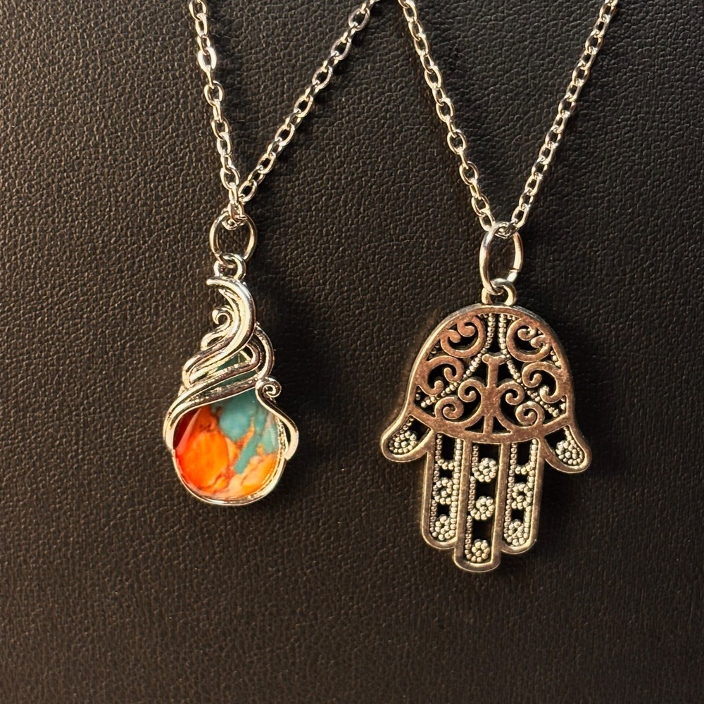 Hamsa Hand & Wire Wrapped Stone Necklace Set Silver Boho Whimsygoth‎ Statement